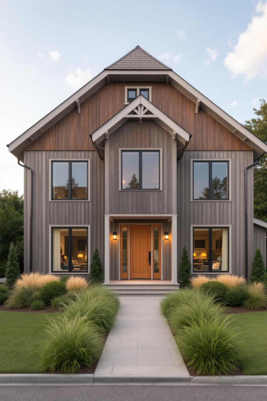 Stylish gray Hamptons-style home with a wooden front door