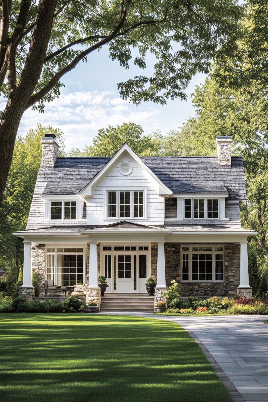 Charming stone and shingle house with lush lawn