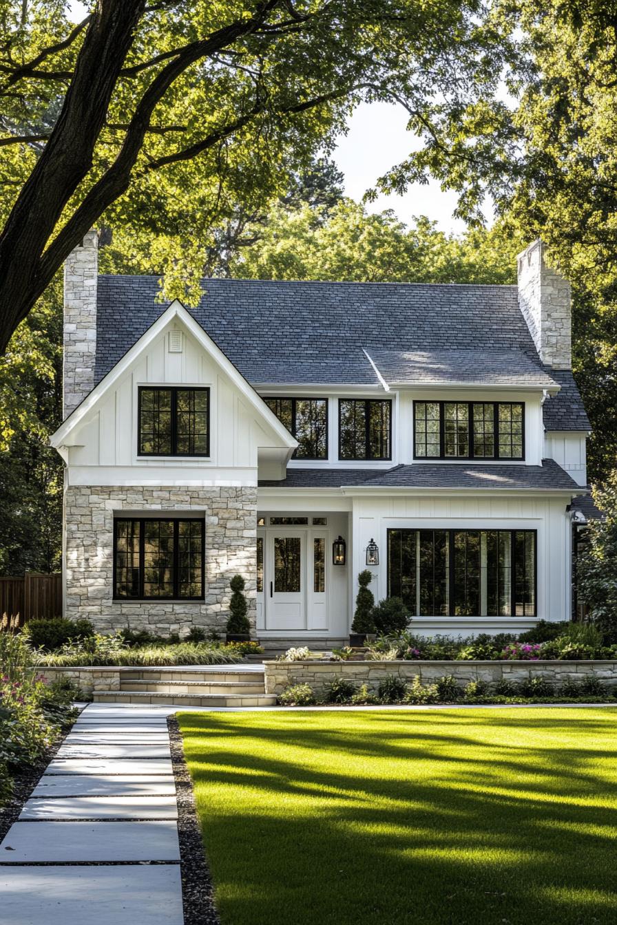 Charming white and stone house with lush lawn