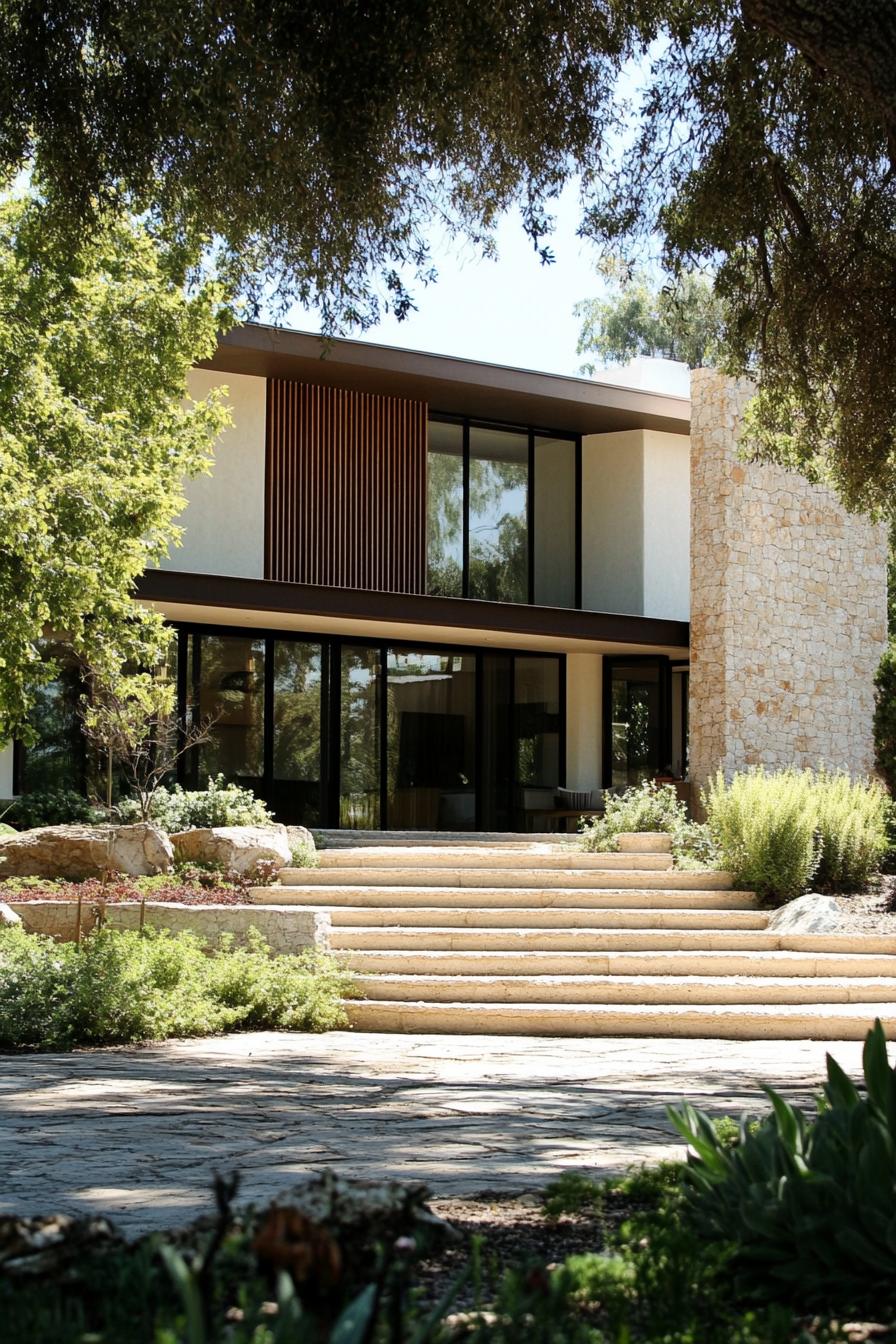 Modern house with stone facade and lush garden