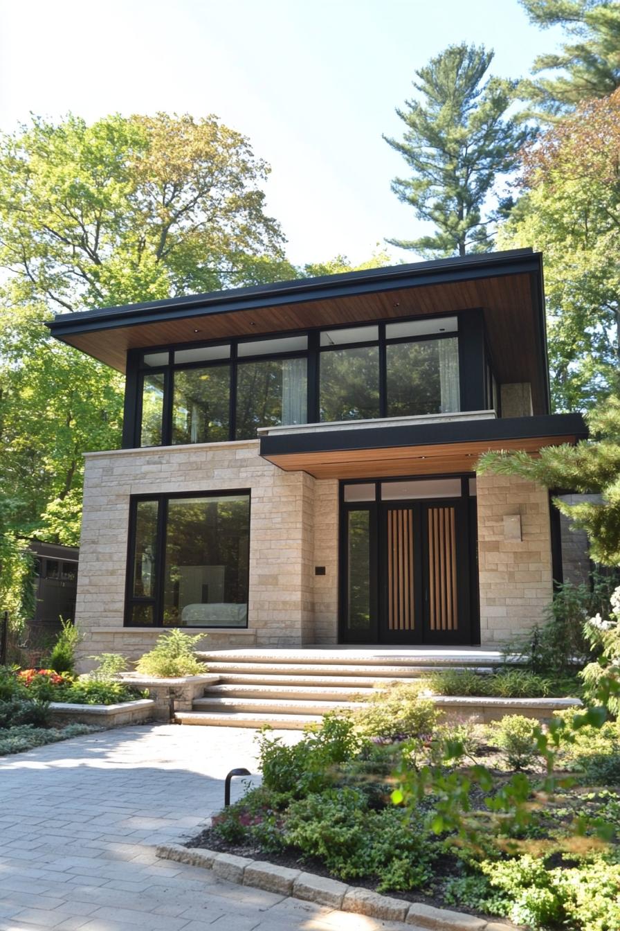 Modern house with stone and glass facade nestled in greenery