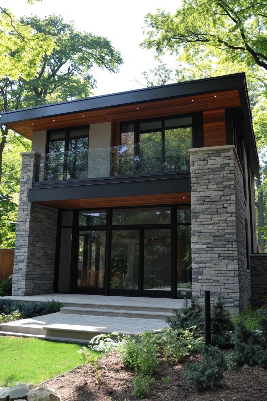 Two-story modern home with stone facade and lush greenery