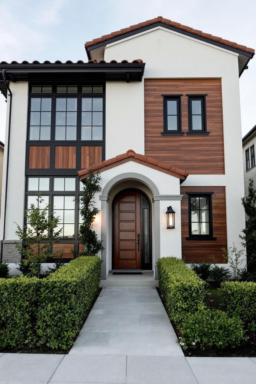 Contemporary house with wooden accents and tiled roof