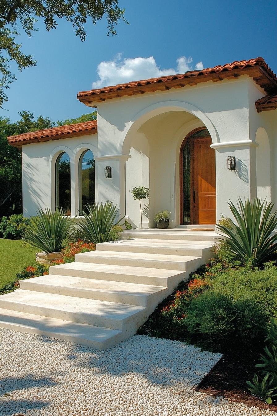 Pathway to a white Spanish bungalow with a red-tiled roof