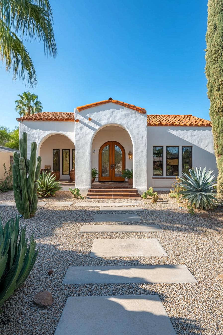 White stucco bungalow with arched porch and red-tiled roof