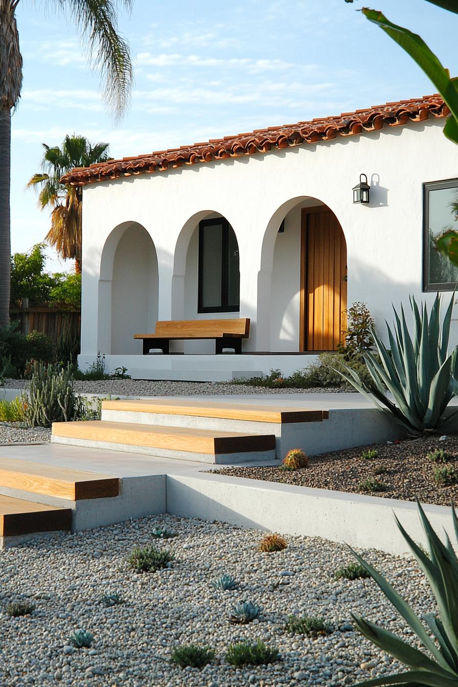 White bungalow with clay tile roof and arched entrance