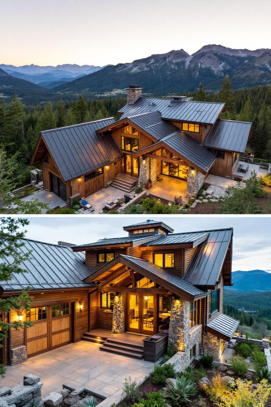 Wooden cabin with stone accents and scenic mountain backdrop