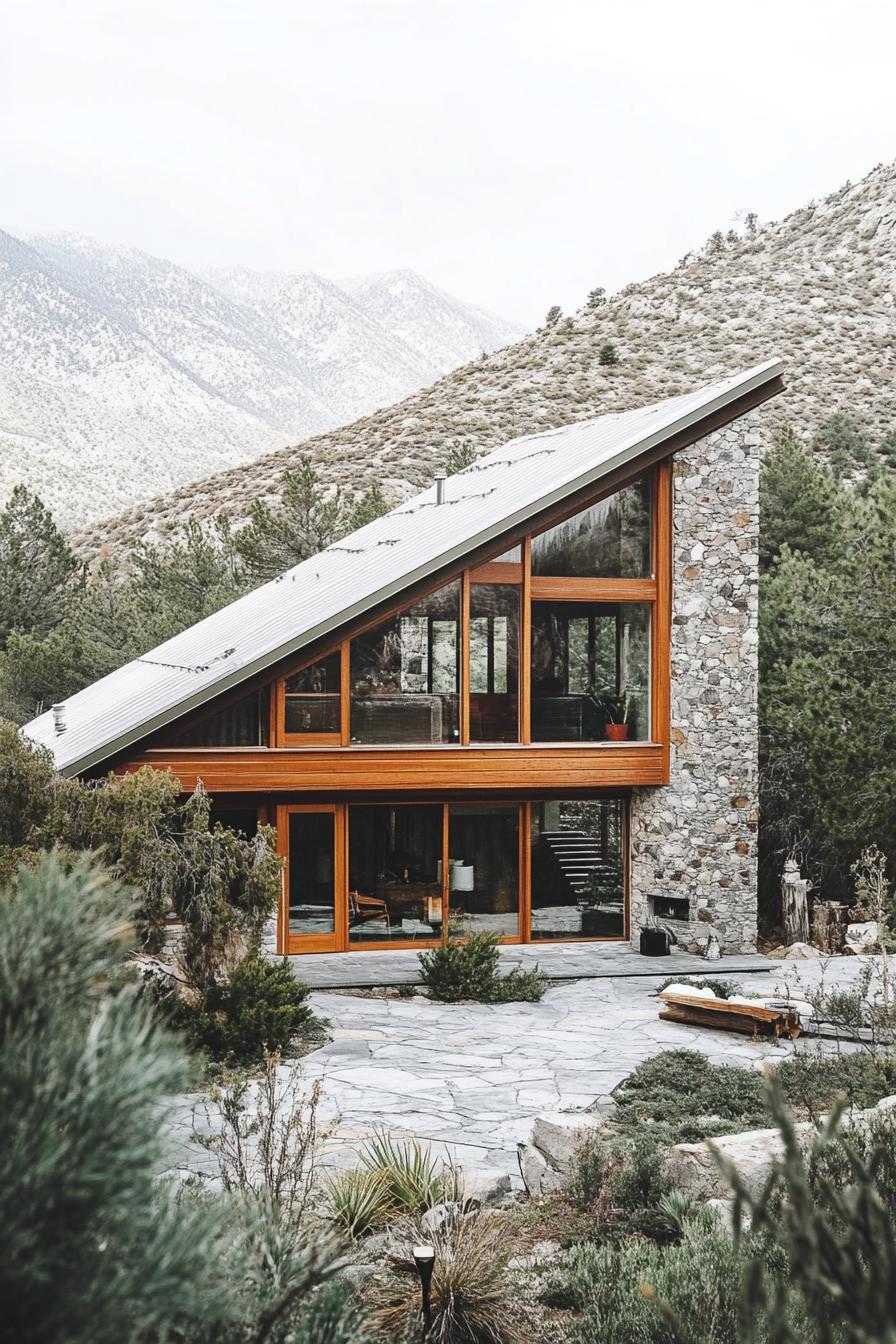 A-frame house with large glass windows in the mountains