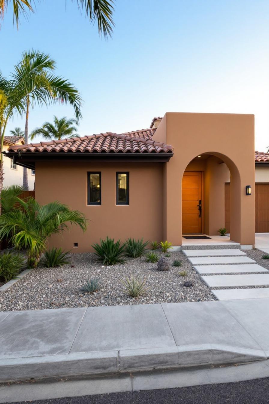 Spanish-style bungalow with terracotta roof and desert landscaping