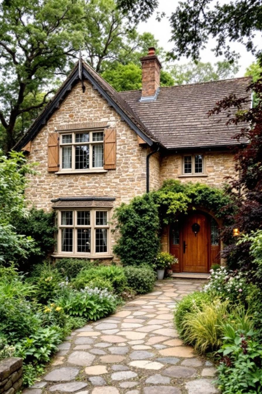 Stone cottage with wooden door and lush garden