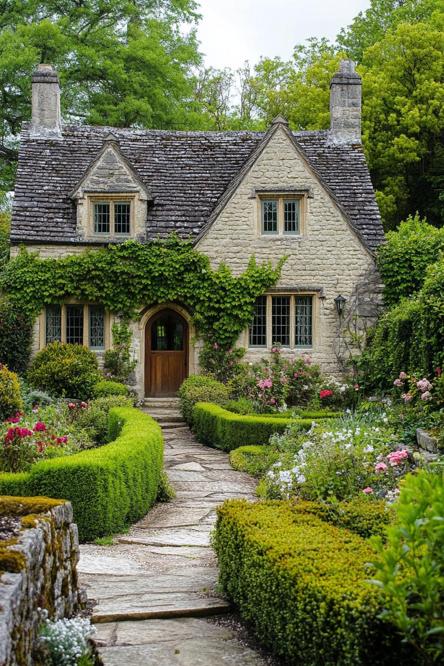 Charming stone cottage with a lush garden path