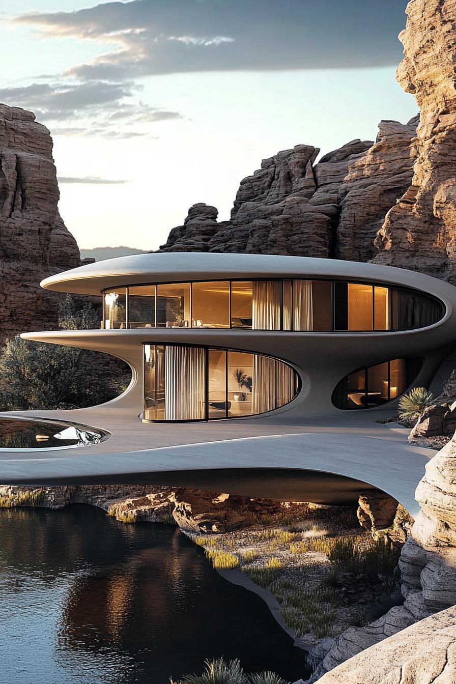 Modern house with futuristic design set amidst rocks