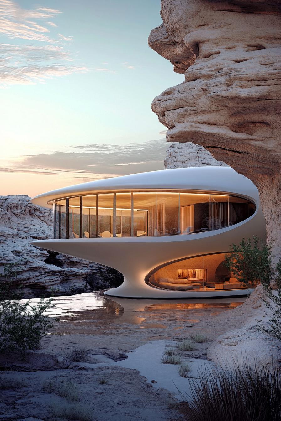 Futuristic house blending with rocky surroundings