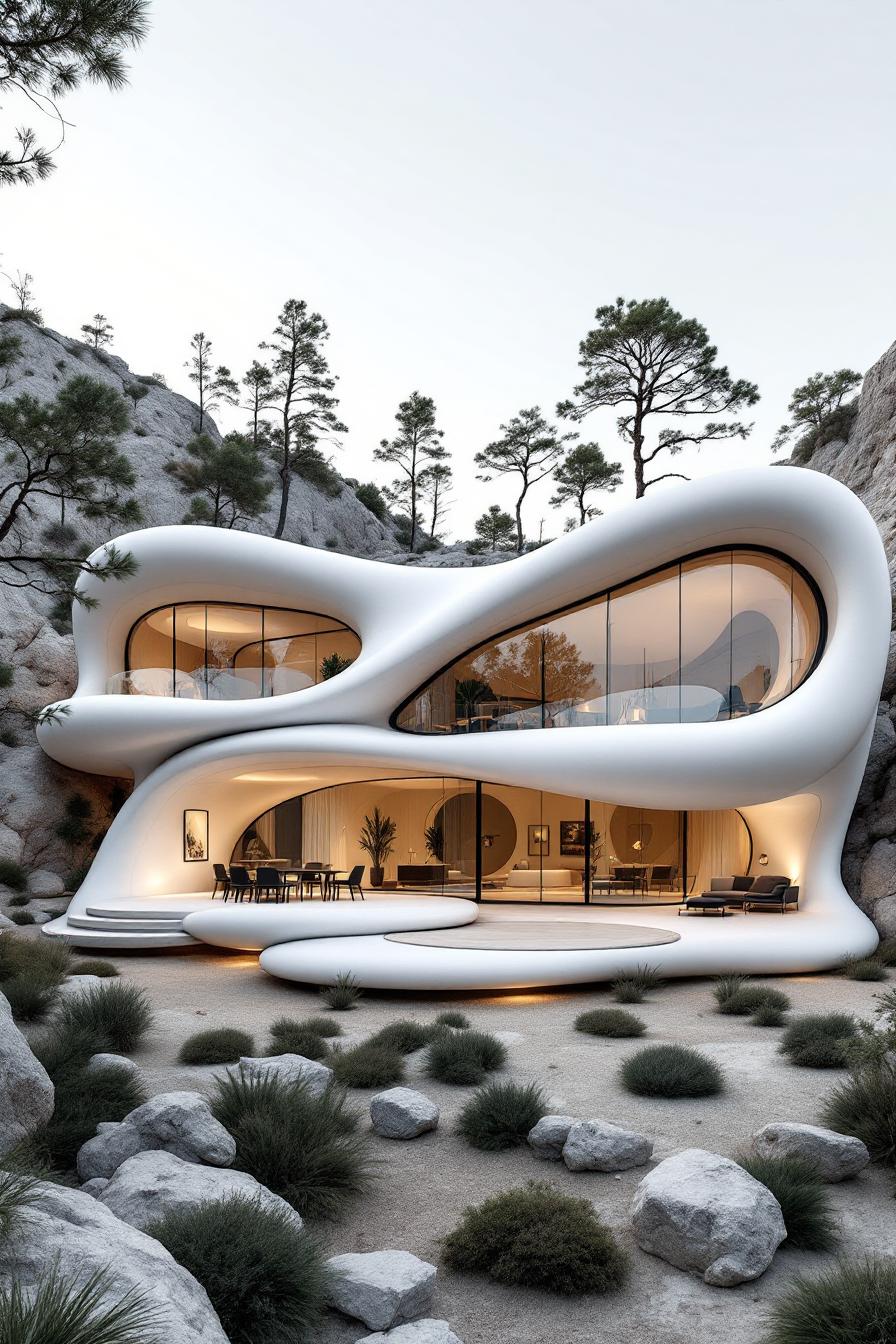 Futuristic home with fluid curves and large glass windows