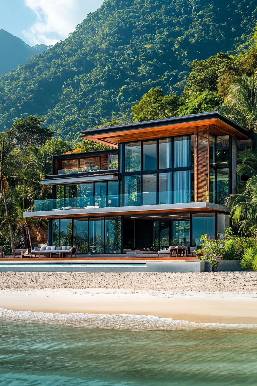 Luxurious beachfront house with glass walls surrounded by lush greenery