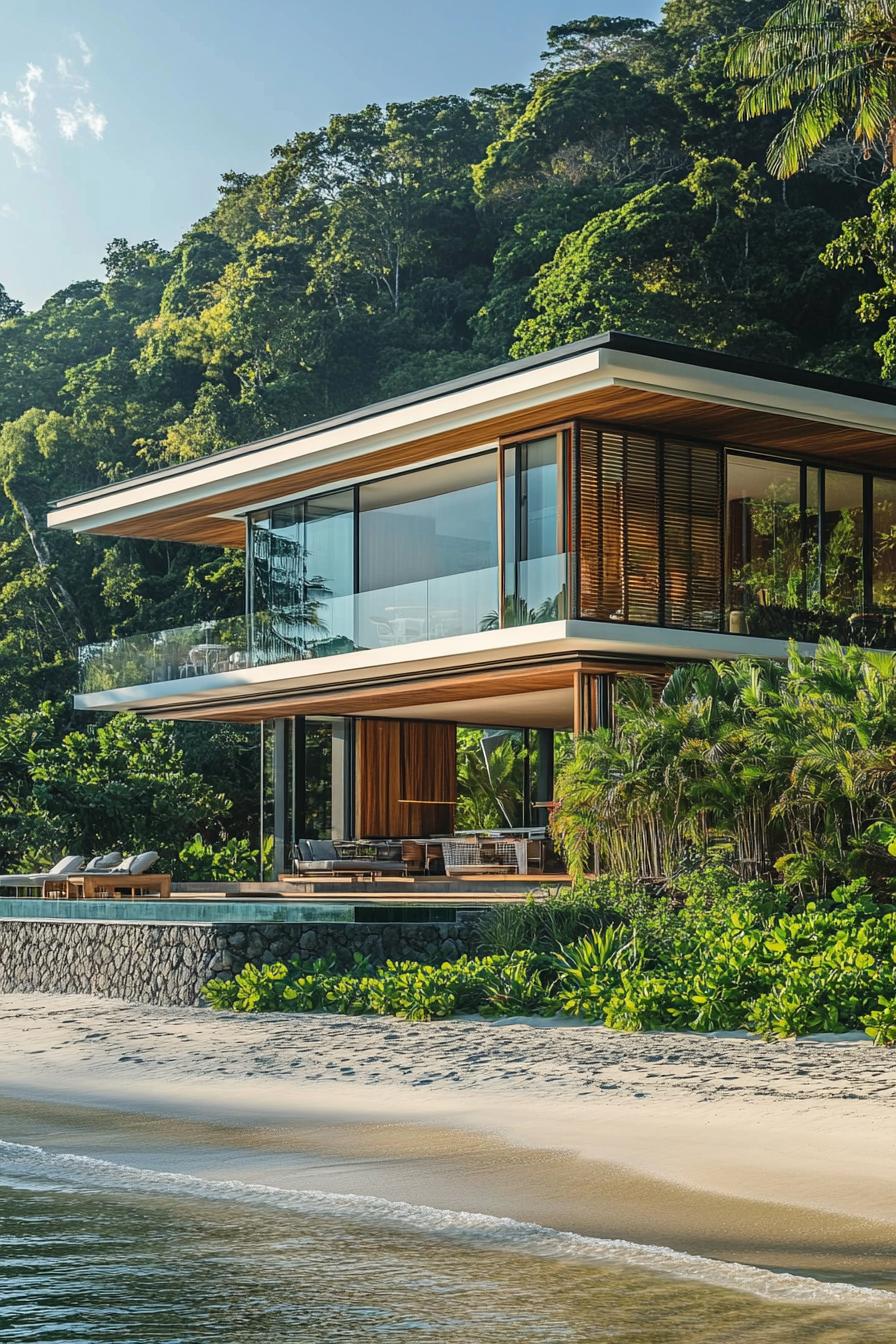 Modern beach house with lush greenery and ocean view