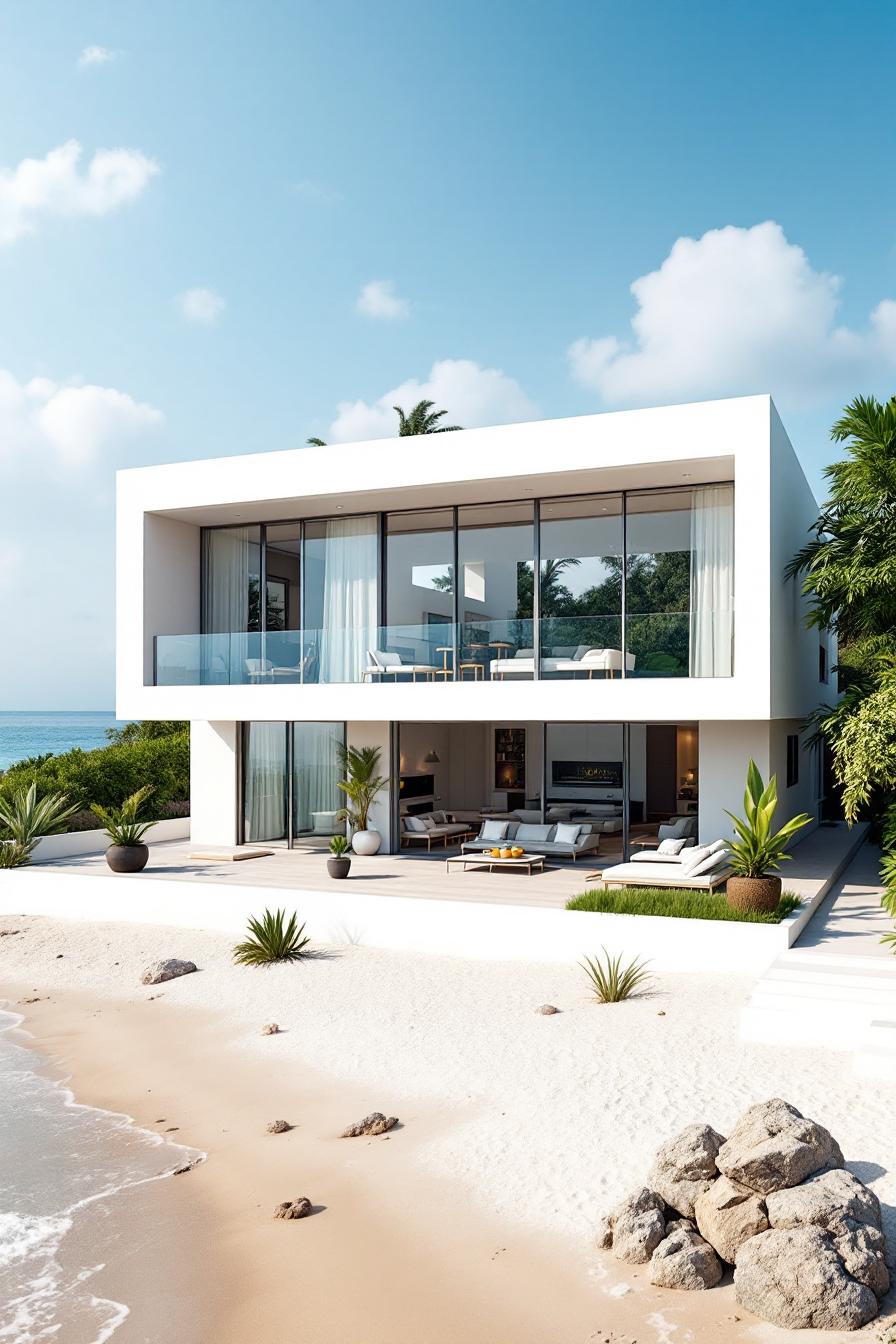 Modern white beach house with large windows by the ocean