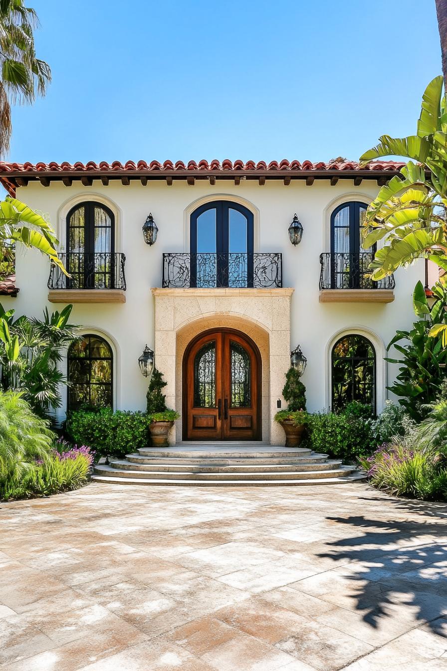 Elegant Mediterranean villa entrance with lush greenery