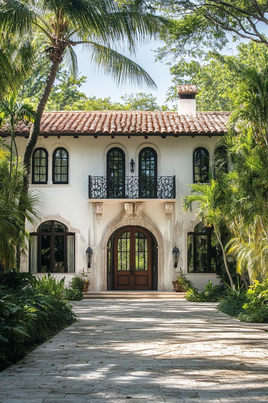 Mediterranean villa with arched windows and lush greenery