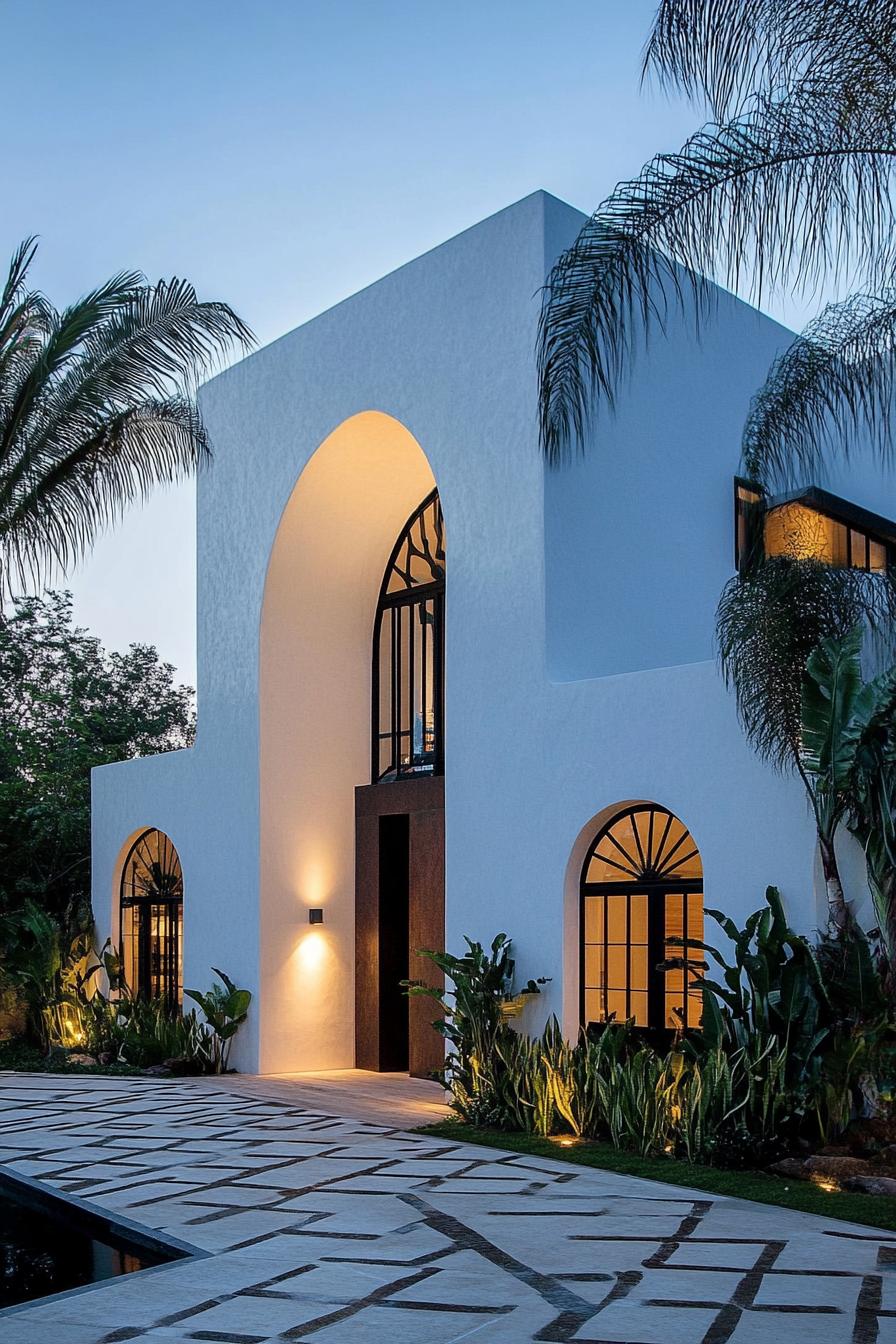 White arched modern house with palm trees