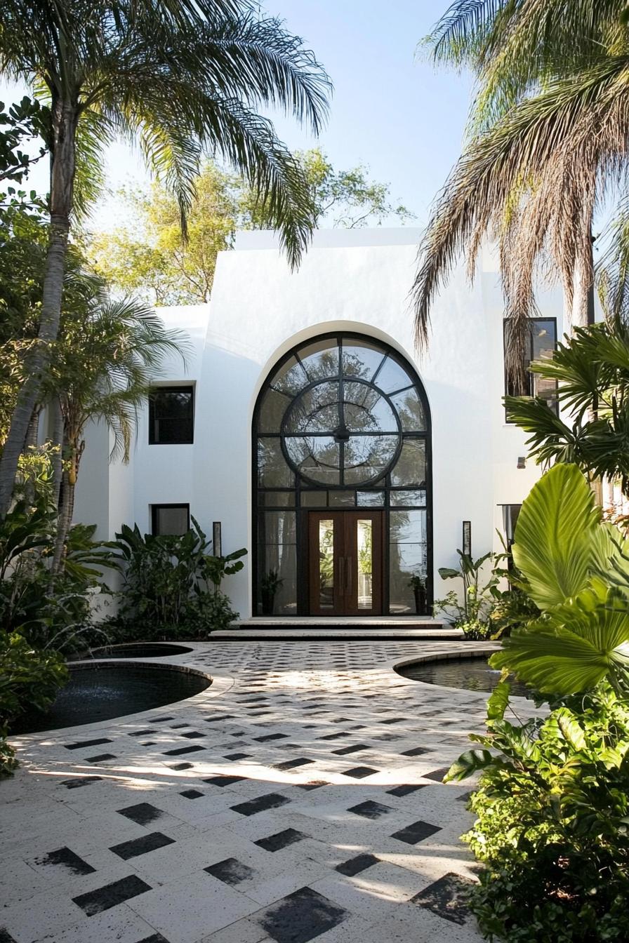 Modern house with large arched window and tropical garden