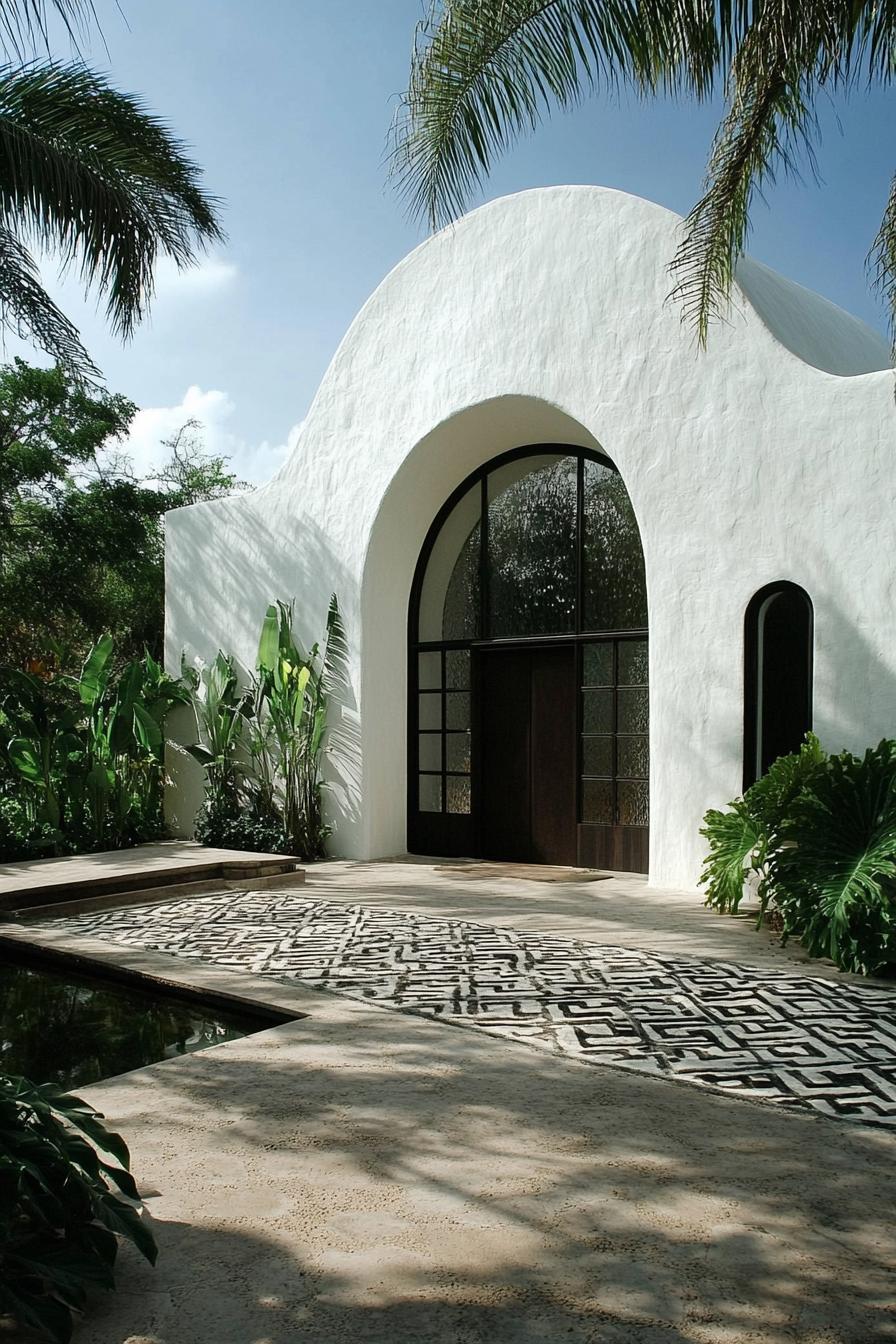 White building with grand arch entry surrounded by tropical greenery