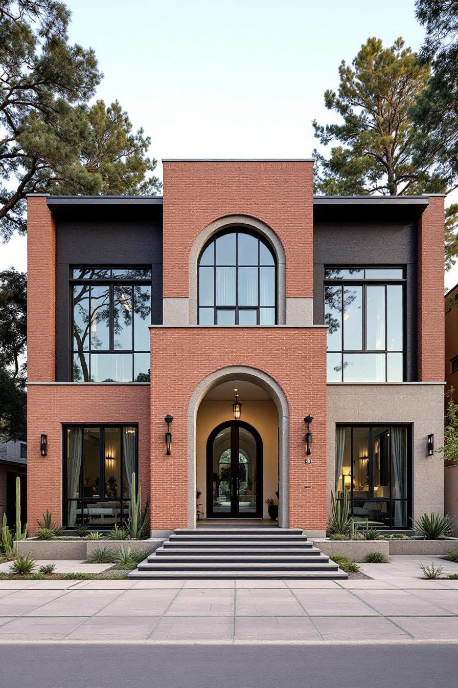 Modern house with arched entrance and tall windows