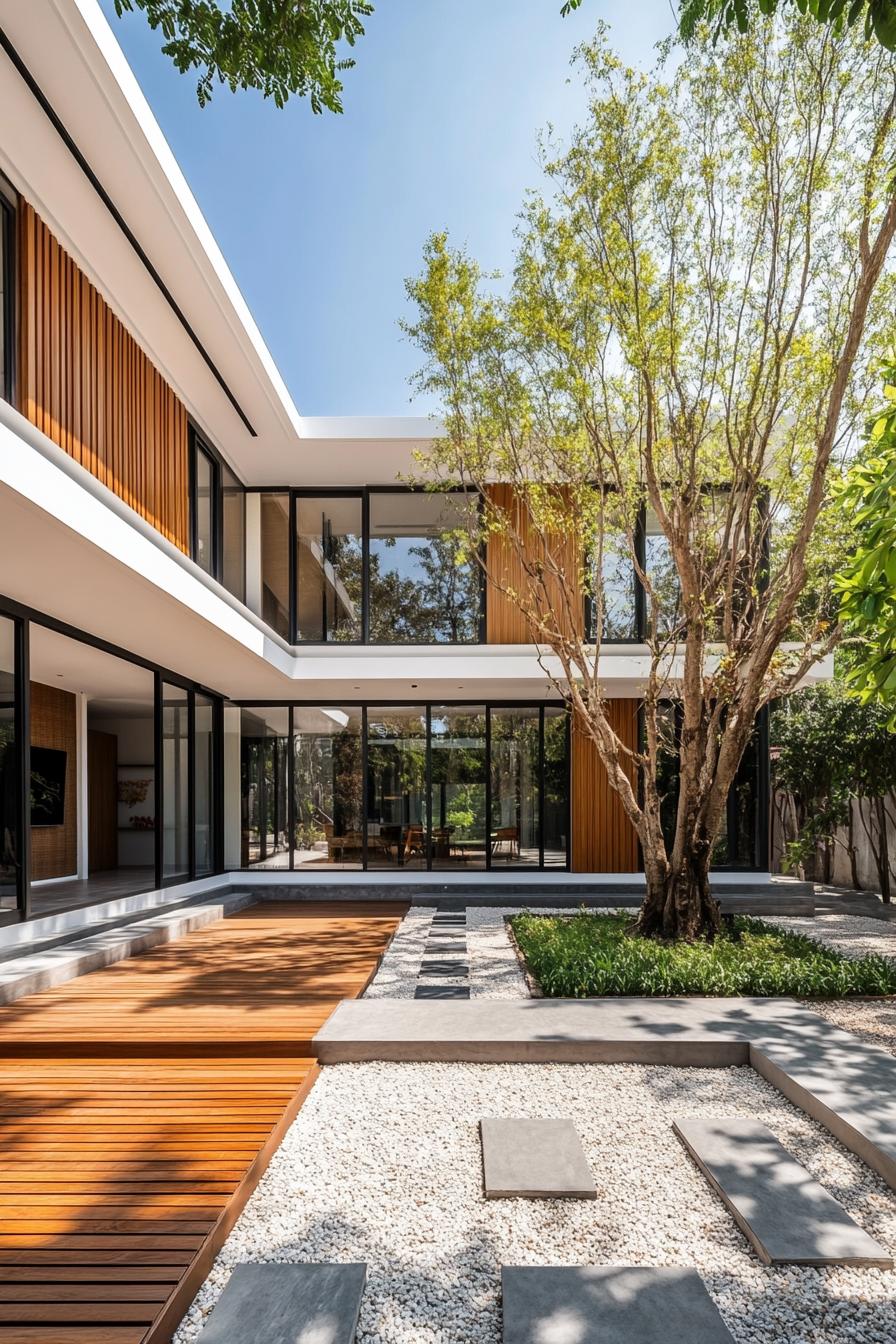 Modern Thai house with glass walls and a central tree-filled courtyard