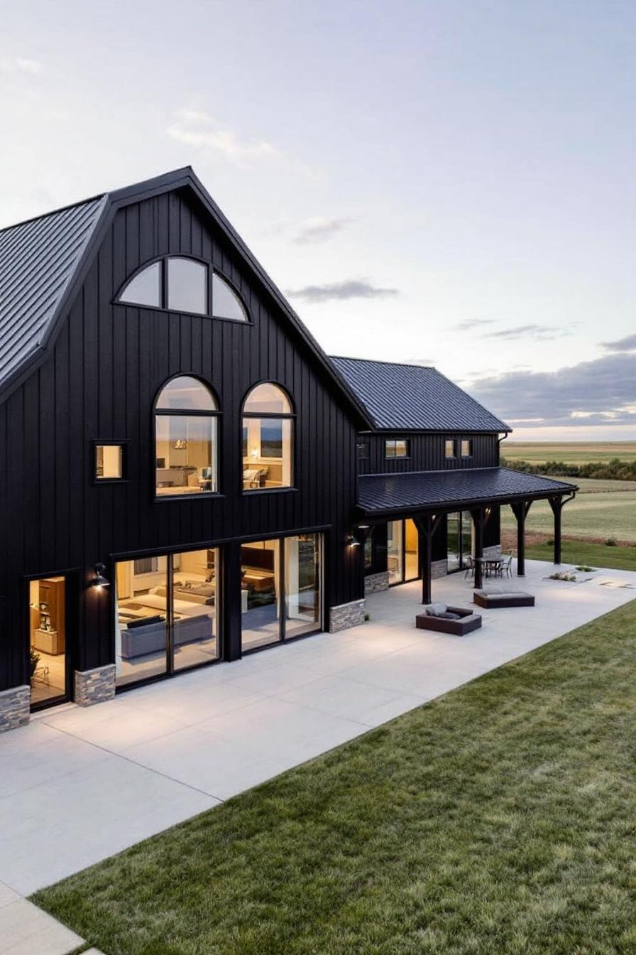 Black barndominium with large windows and grassy yard