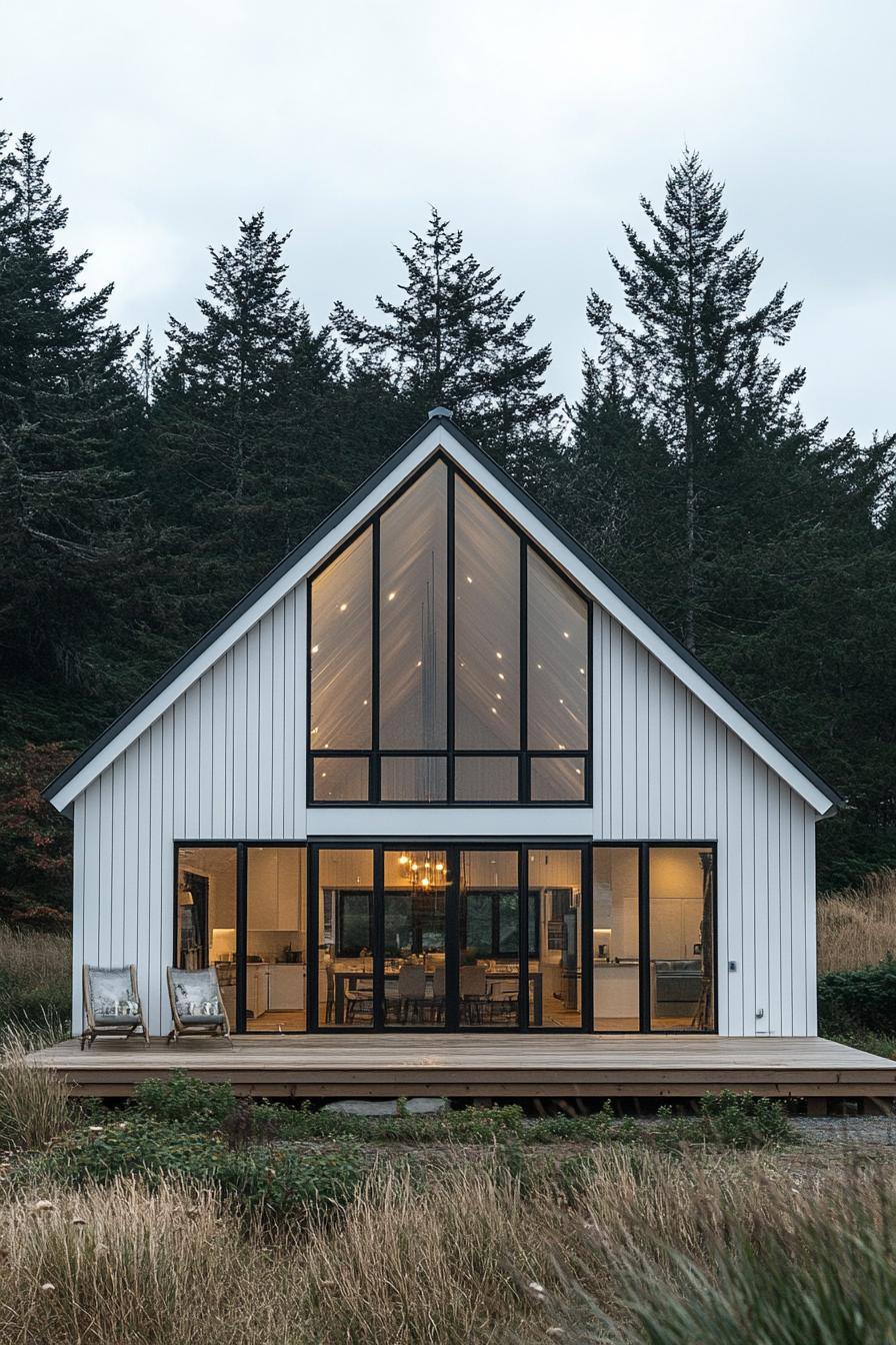 Cozy A-frame cabin with glass front and lush surroundings