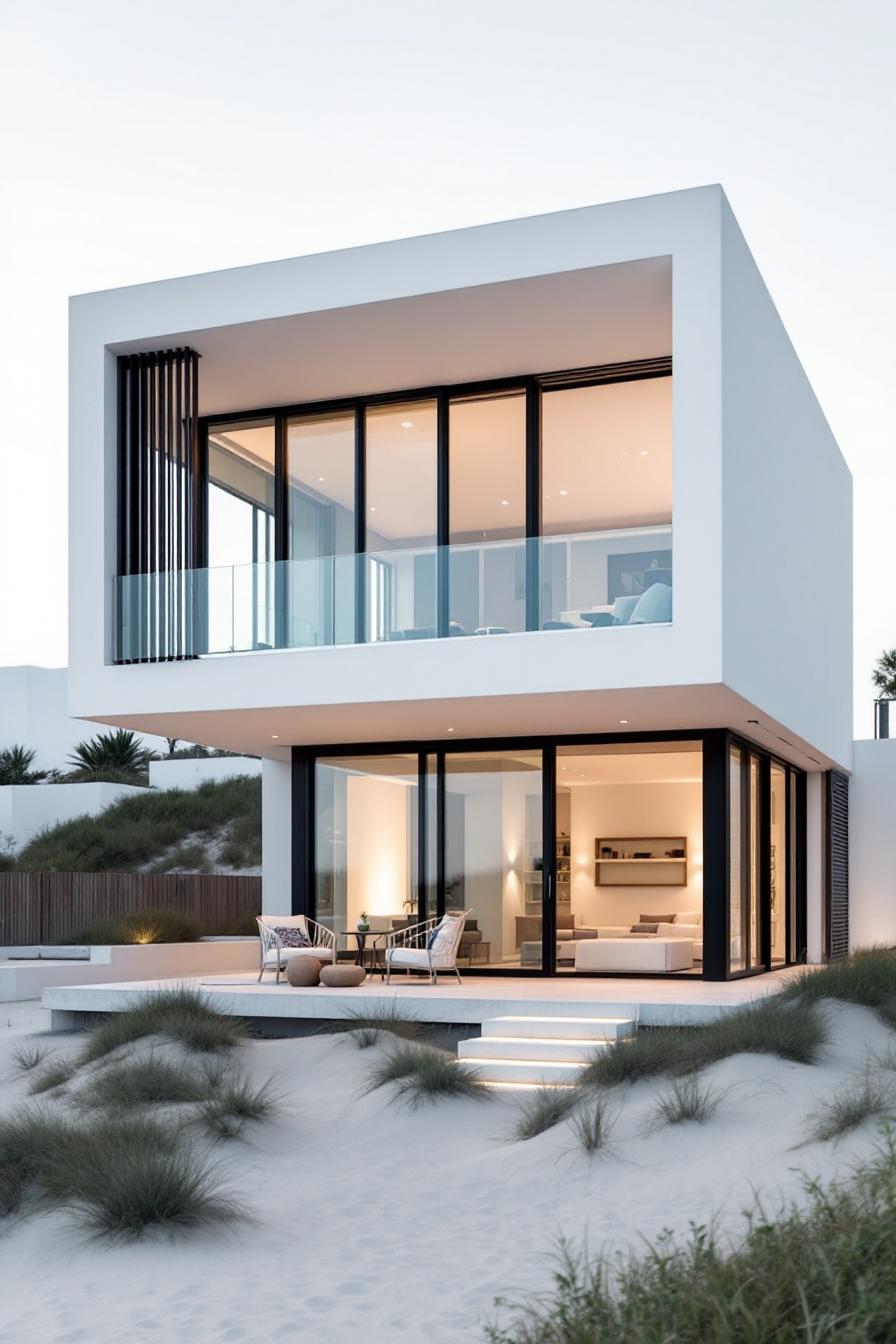 Modern beach house with large glass windows and sandy surroundings