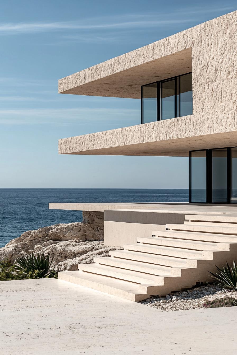 Modern beach house with minimalistic stone design and ocean view