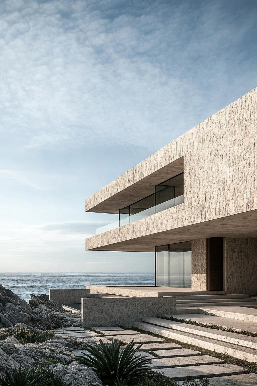 Modern beach house with minimalist stone architecture by the sea