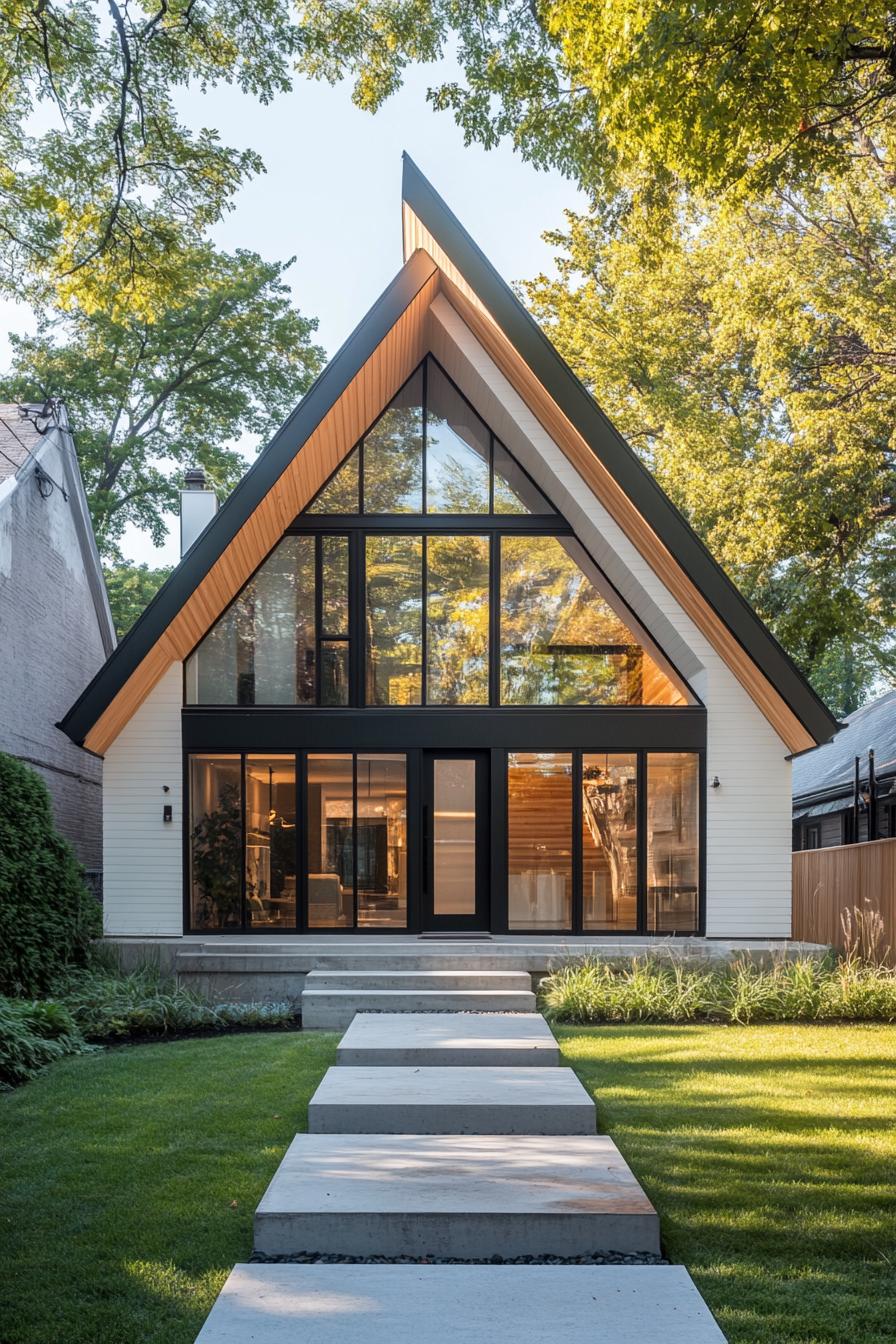 Bungalow with large windows nestled among trees