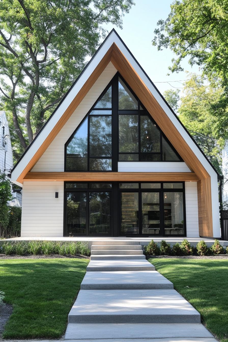 Modern A-frame bungalow surrounded by trees