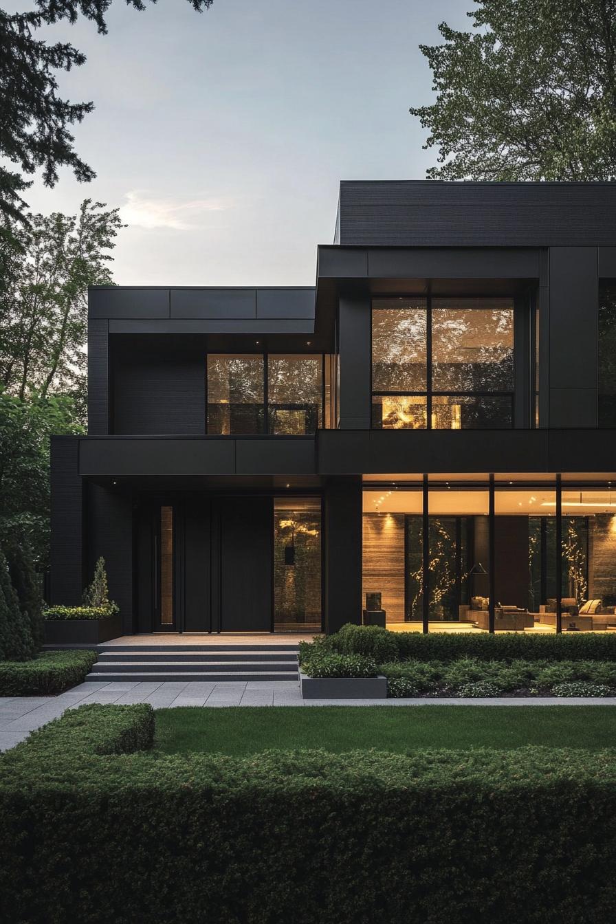 Modern house with sleek black facade and large windows