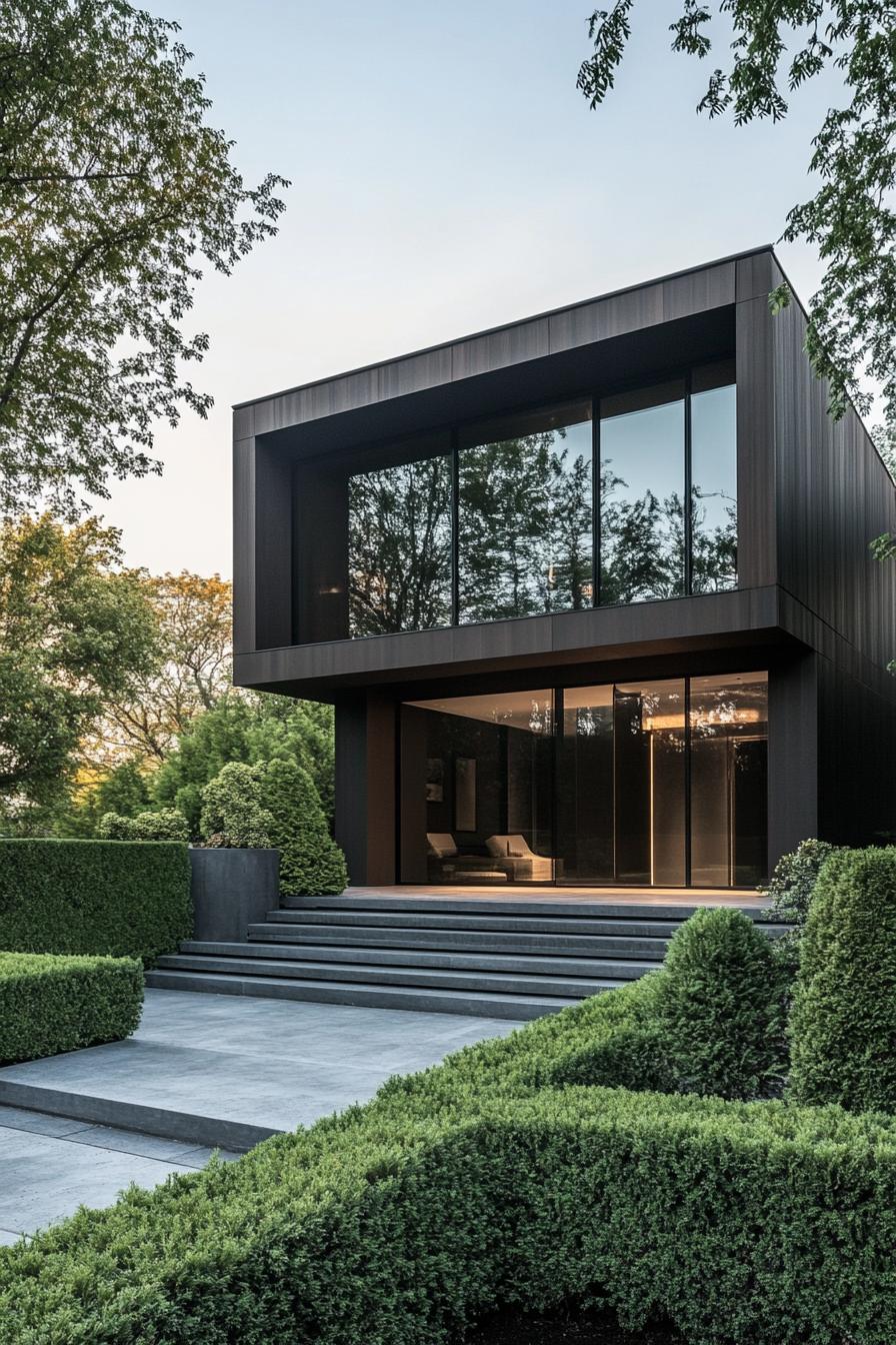 Dark modern house with large glass windows