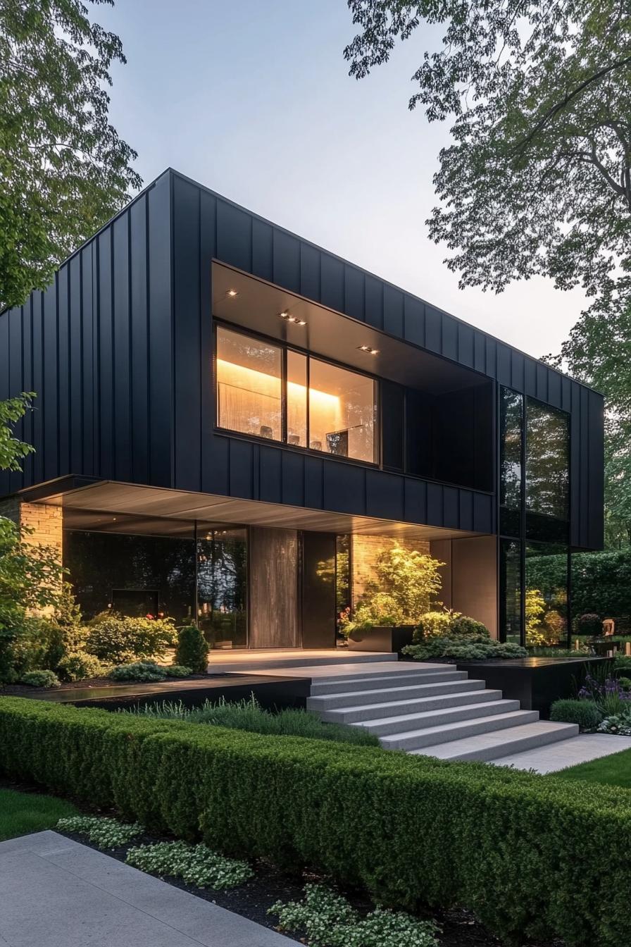 Modern house facade with sleek black panels and glass