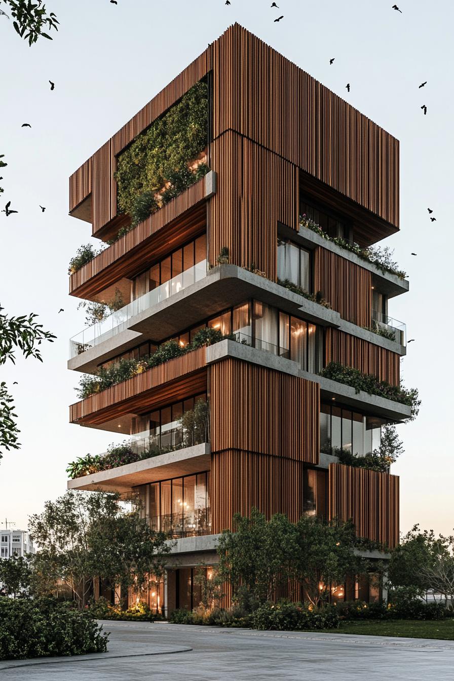 Modern building with wooden facade and lush balconies