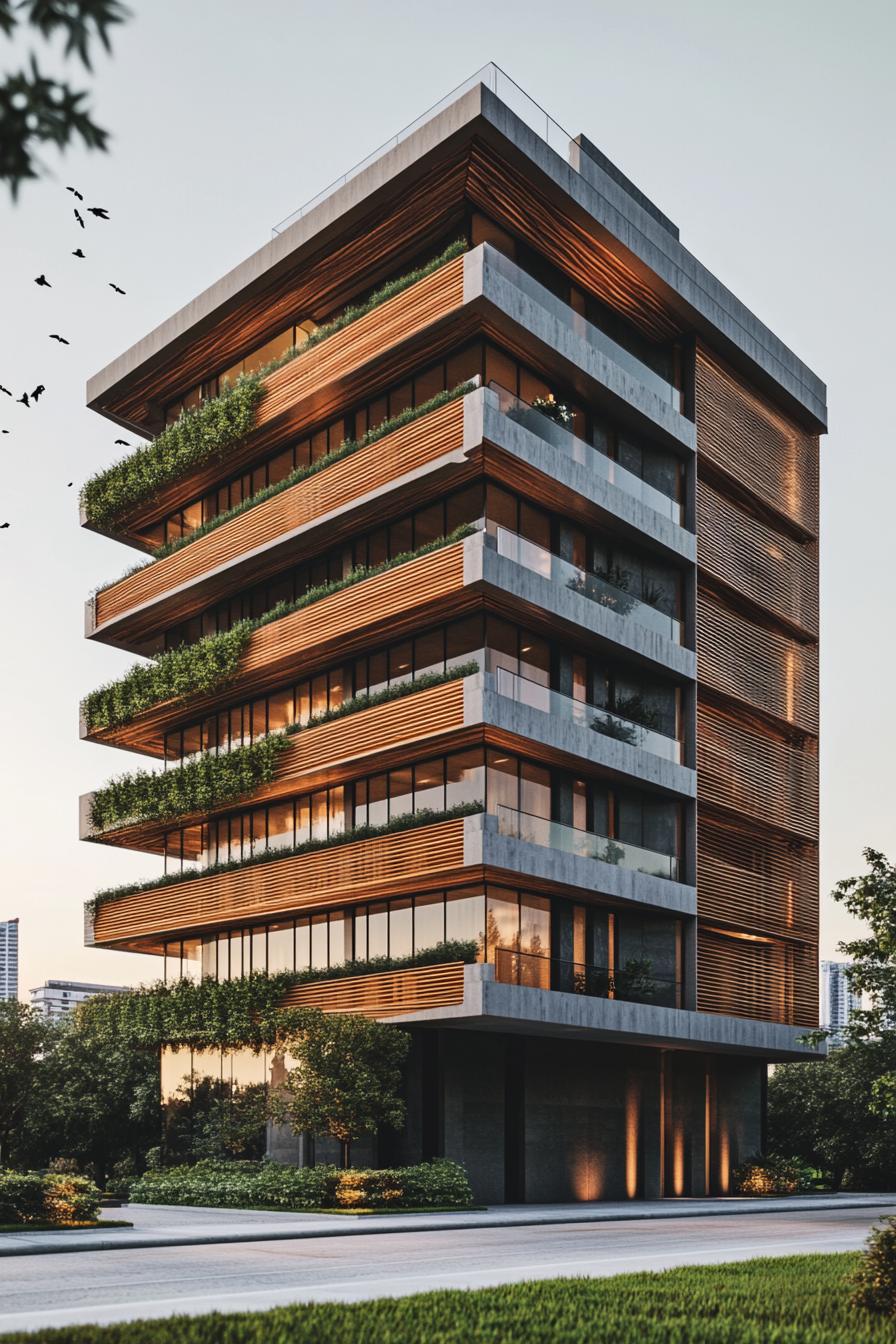 Modern building with wooden slats and greenery