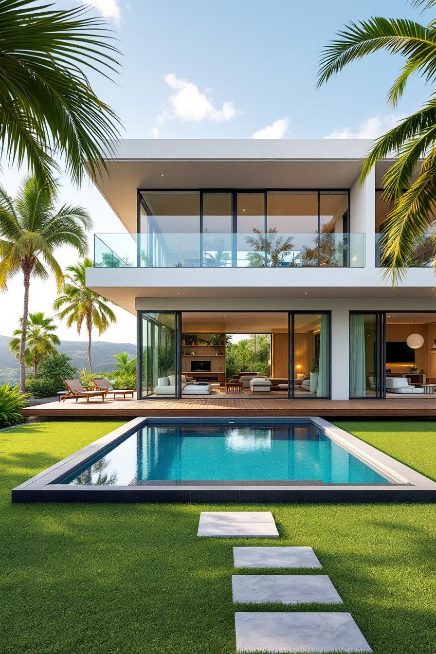 Modern tropical home with pool and palm trees