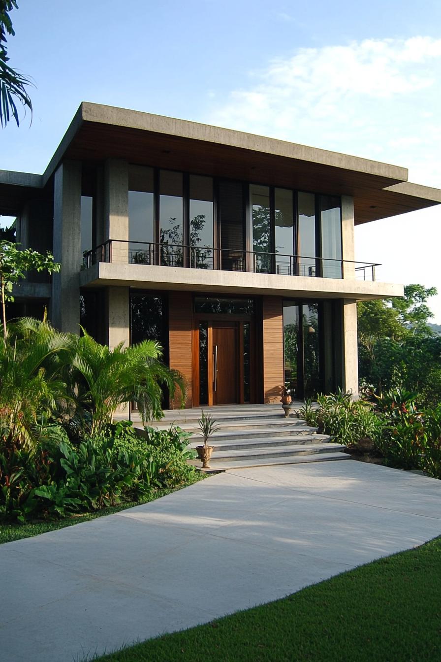 Modern tropical house with large glass windows and surrounding greenery