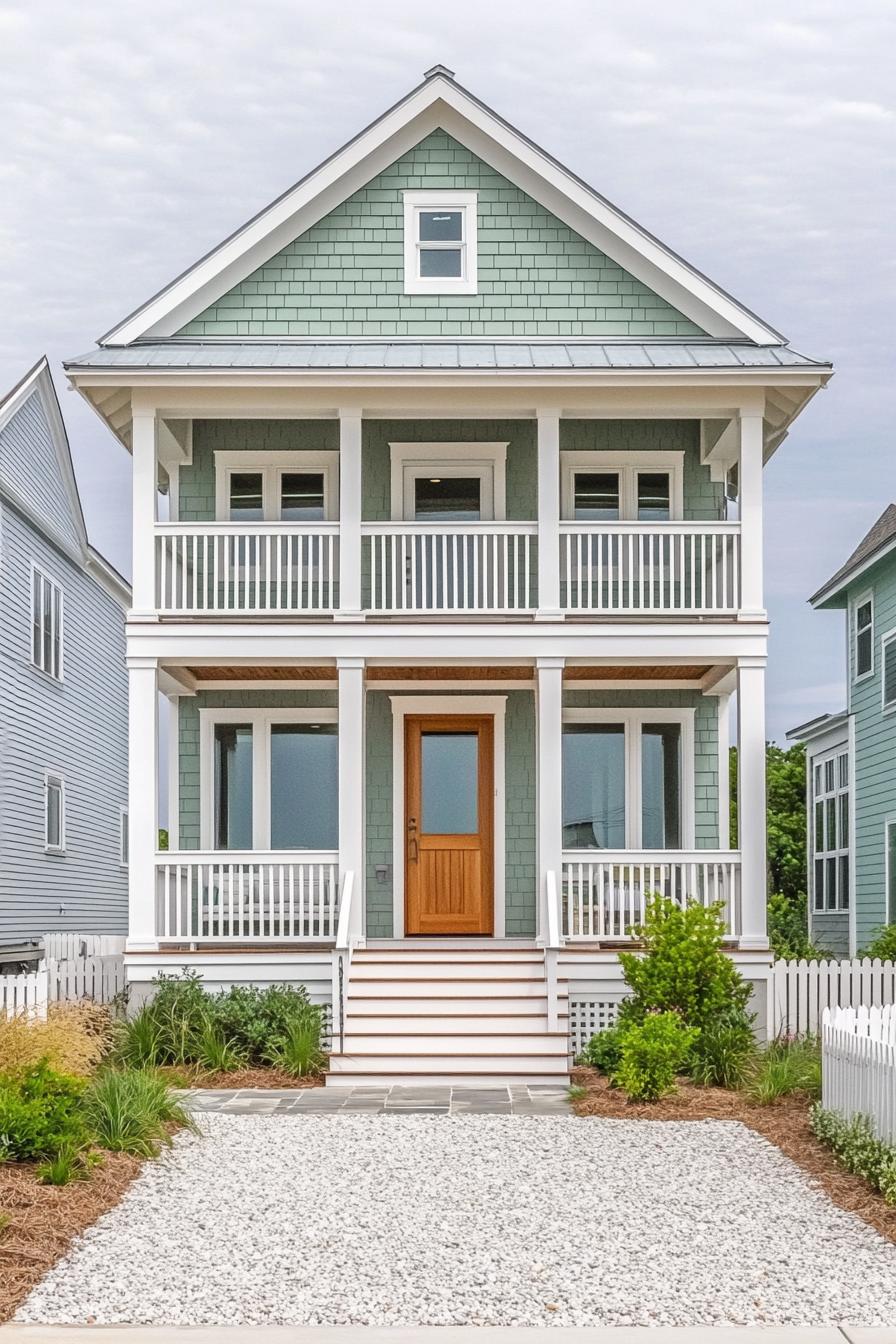 Two-story beach house in coastal style with light green siding and white trim