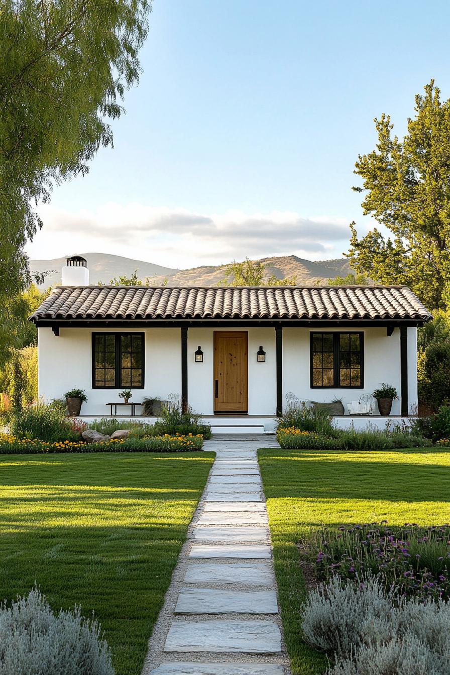 Small white cottage with a tiled roof and lush garden