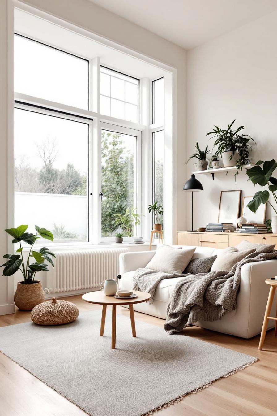 Cozy living room with large windows and lush greenery