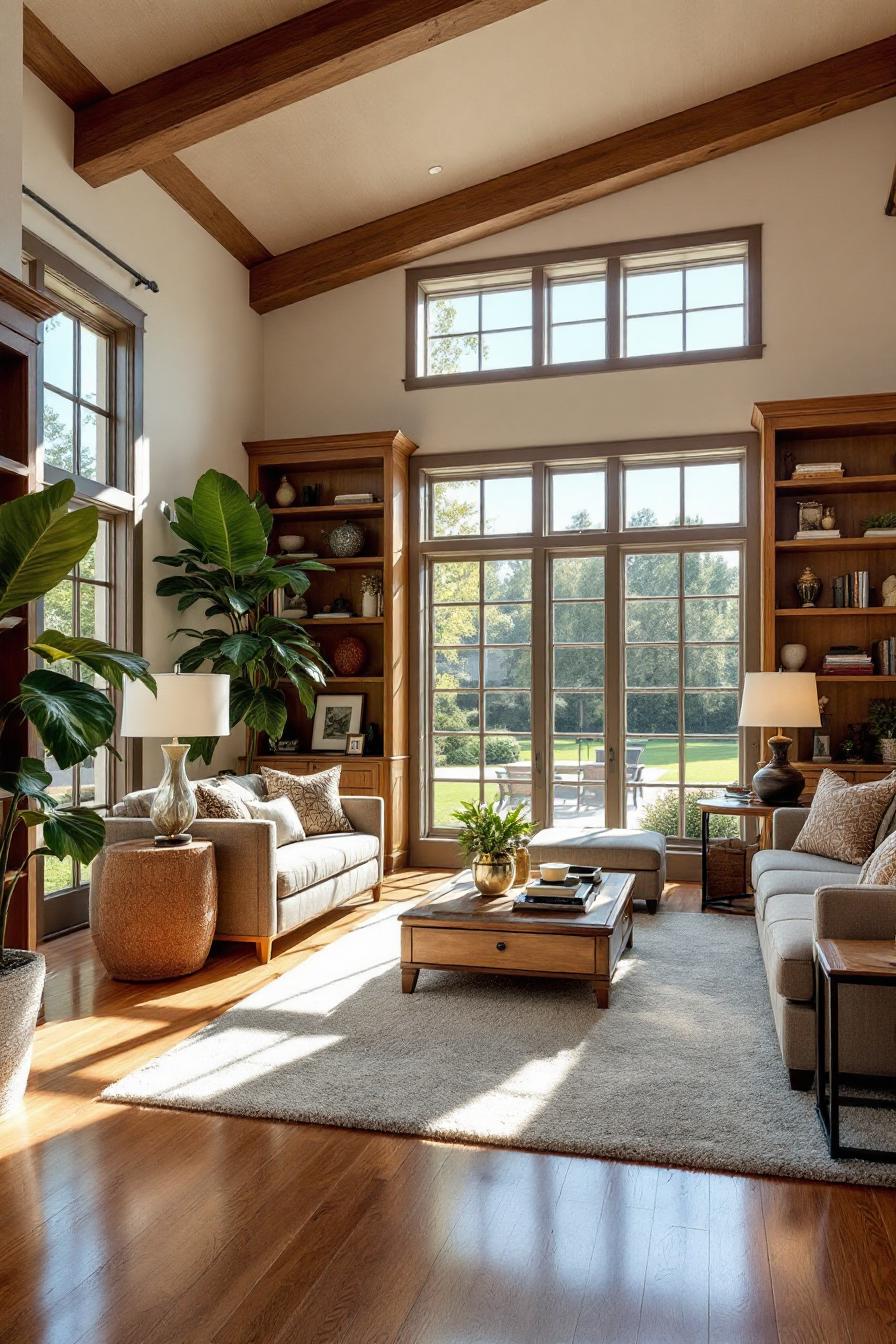 Cozy living room with large windows and natural light