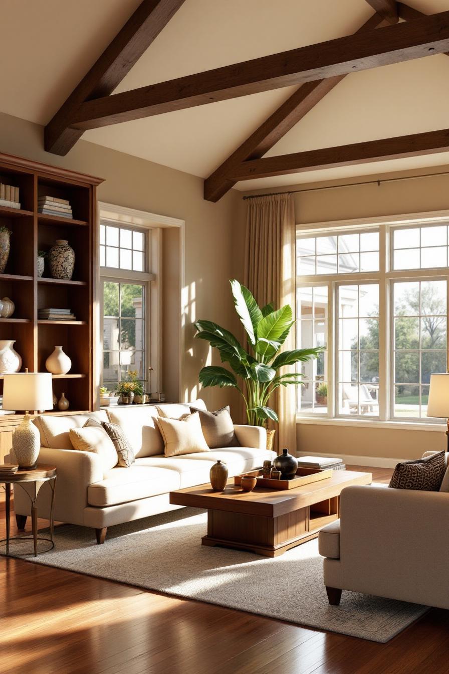 Colonial-style living room with large windows and wooden beams