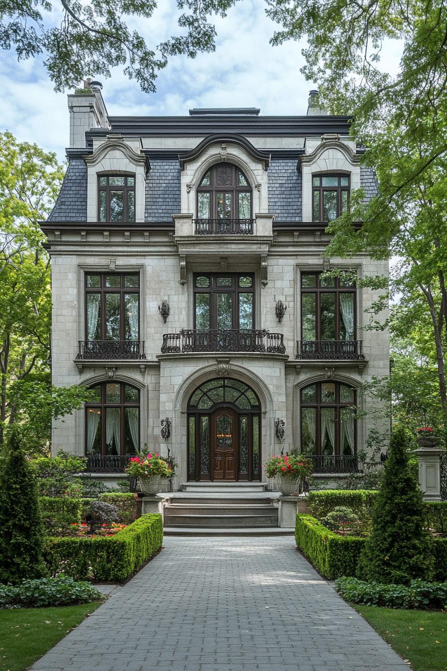 Elegant mansion with intricate details and a manicured garden