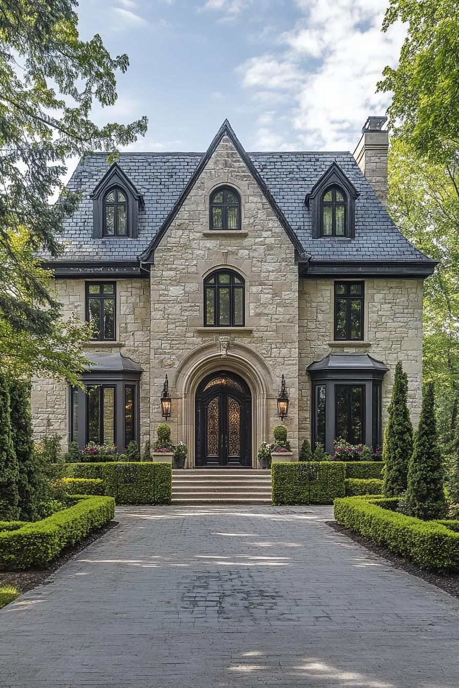 Elegant stone house with arched windows and lush greenery