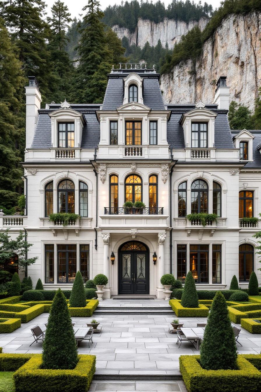 Luxurious house with grand architecture and manicured garden